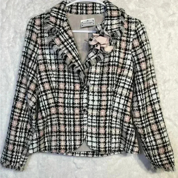 Pastel Pink Black Plaid Beaded Pearl Office Blazer Blouse Floral Dress Barn Med. - Picture 8 of 12